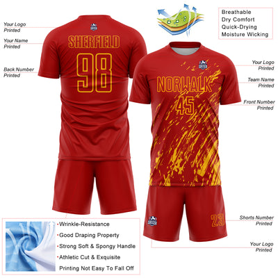 Custom Red Gold Splash Sublimation Soccer Uniform Jersey