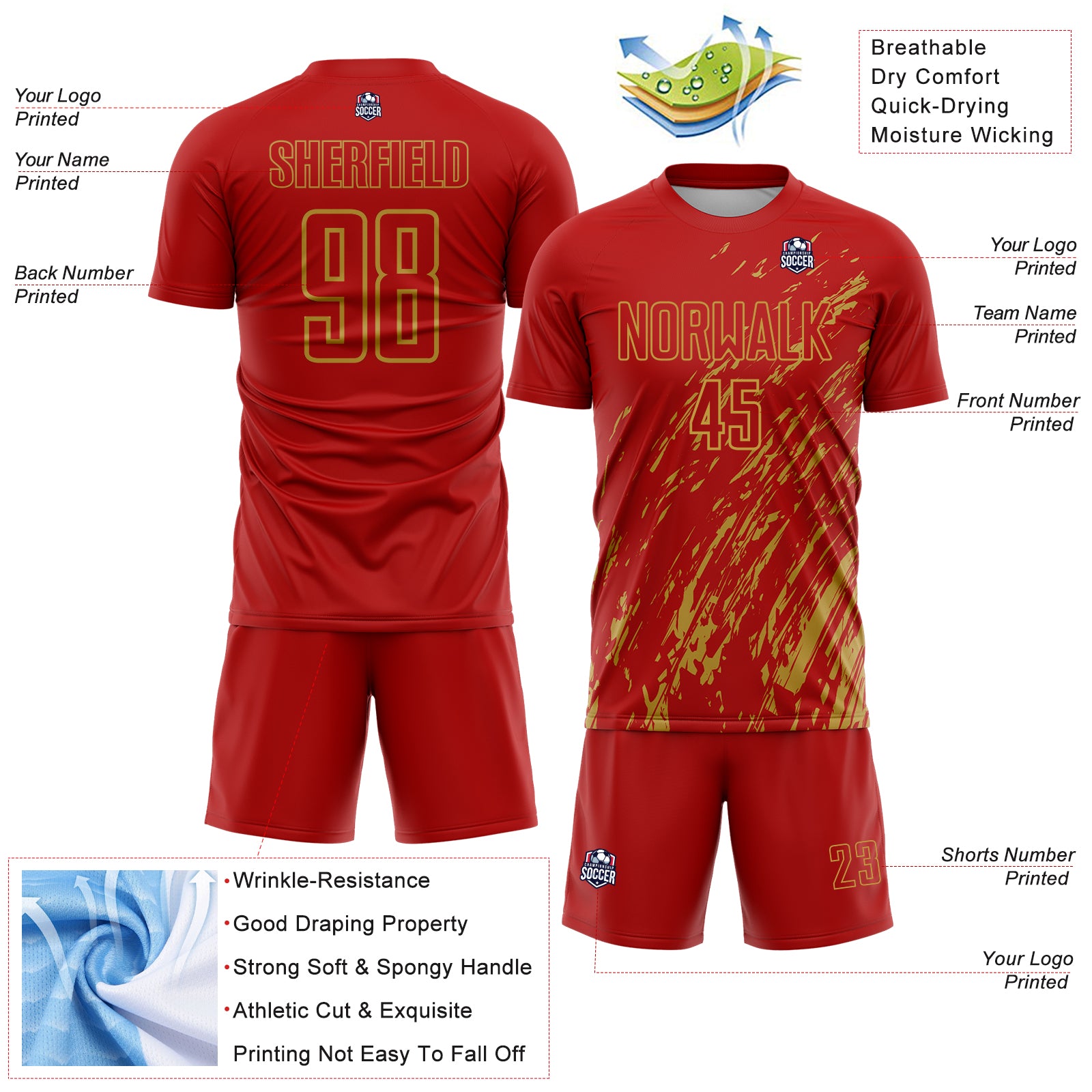 Custom Red Old Gold Splash Sublimation Soccer Uniform Jersey