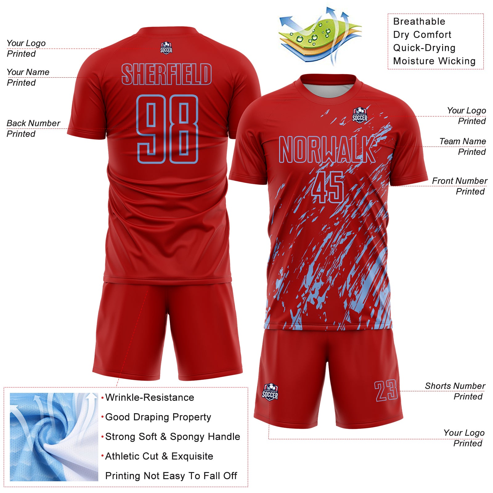 Custom Red Light Blue Splash Sublimation Soccer Uniform Jersey