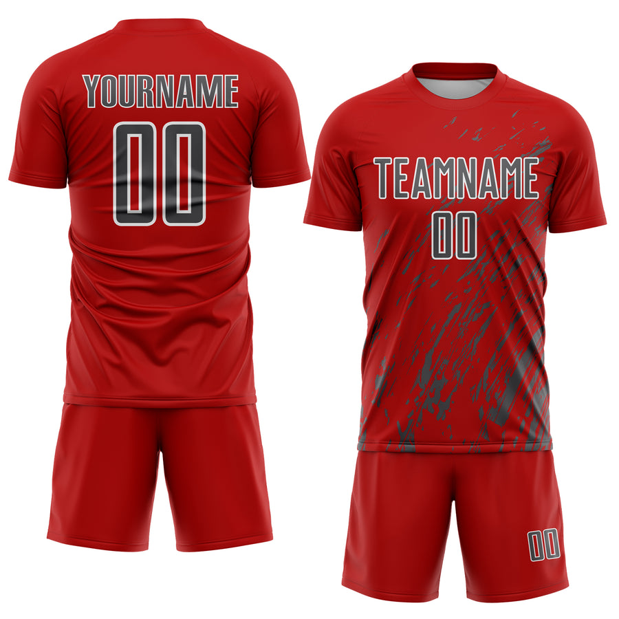 Custom Red Steel Gray-White Splash Sublimation Soccer Uniform Jersey