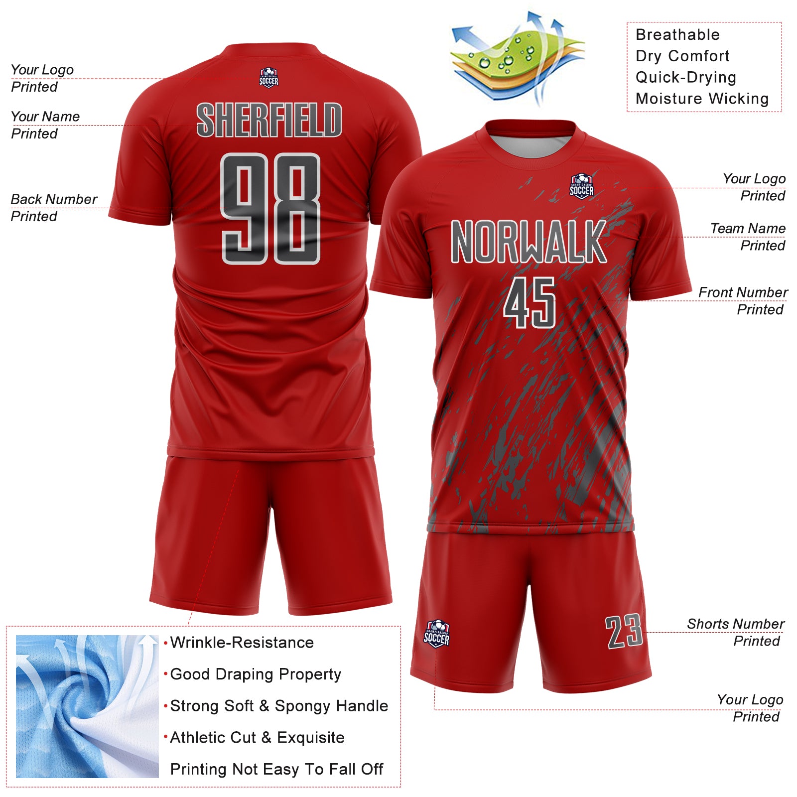 Custom Red Steel Gray-White Splash Sublimation Soccer Uniform Jersey