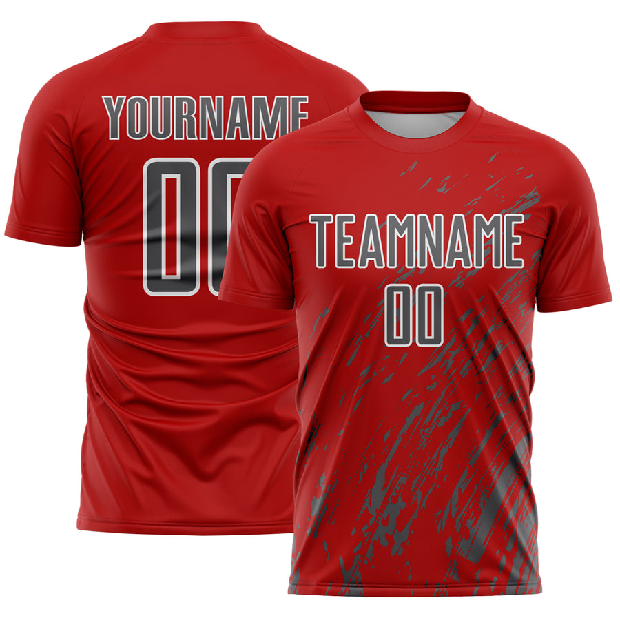 Custom Red Steel Gray-White Splash Sublimation Soccer Uniform Jersey