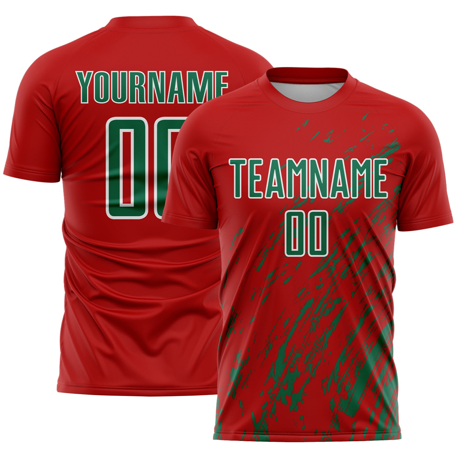 Custom Red Kelly Green-White Splash Sublimation Soccer Uniform Jersey