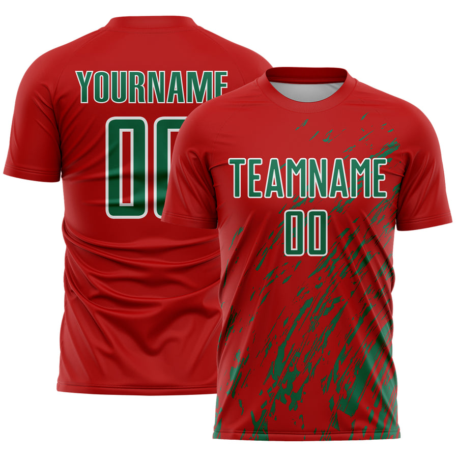 Custom Red Kelly Green-White Splash Sublimation Soccer Uniform Jersey
