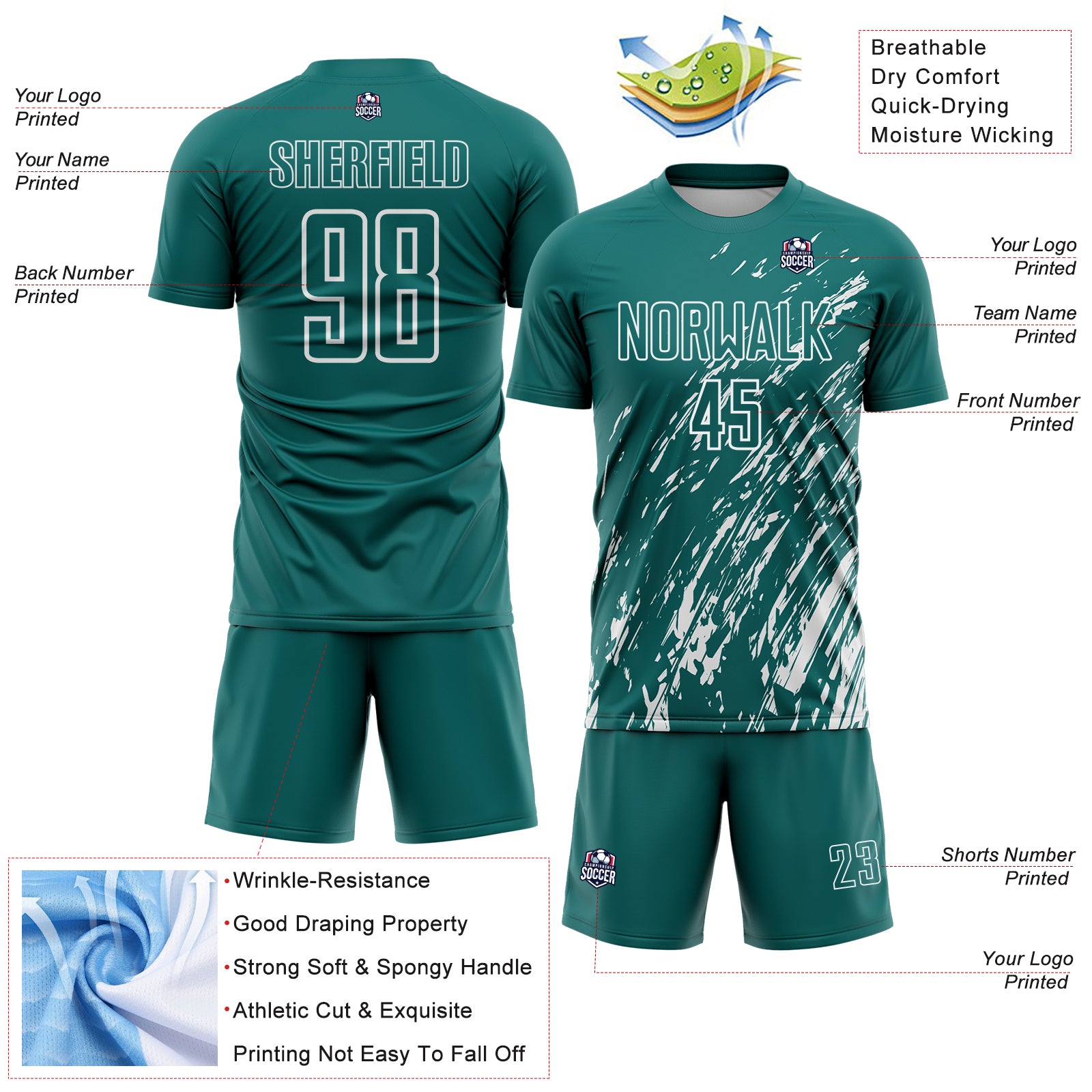 Custom Teal White Splash Sublimation Soccer Uniform Jersey