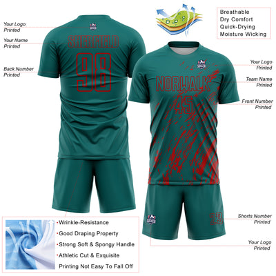 Custom Teal Red Splash Sublimation Soccer Uniform Jersey
