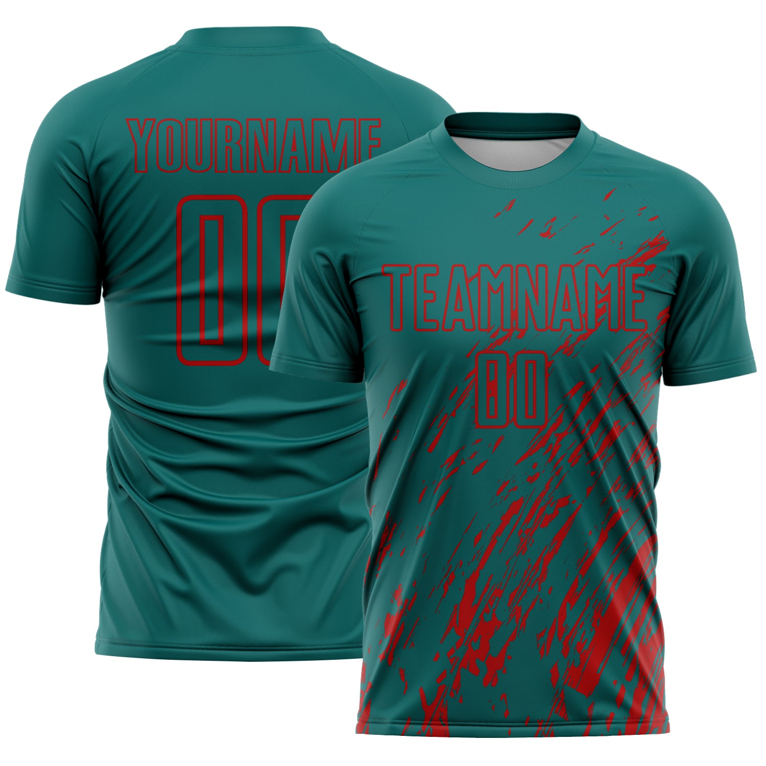 Custom Teal Red Splash Sublimation Soccer Uniform Jersey