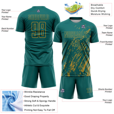 Custom Teal Old Gold Splash Sublimation Soccer Uniform Jersey