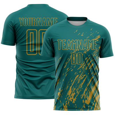 Custom Teal Old Gold Splash Sublimation Soccer Uniform Jersey