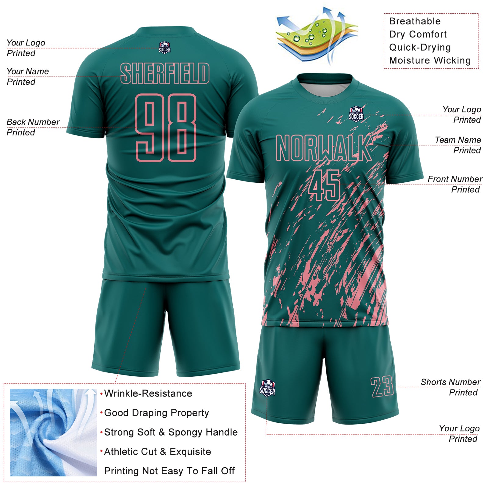 Custom Teal Medium Pink Splash Sublimation Soccer Uniform Jersey