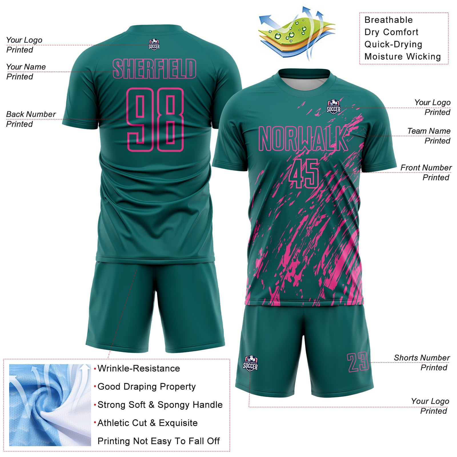 Custom Teal Pink Splash Sublimation Soccer Uniform Jersey