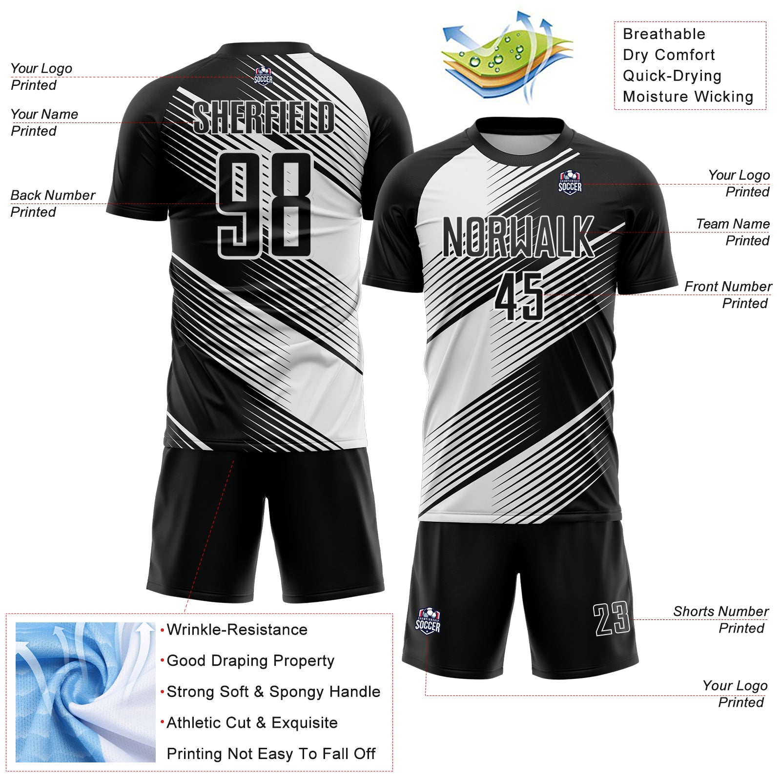 Custom Black White Line Sublimation Soccer Uniform Jersey