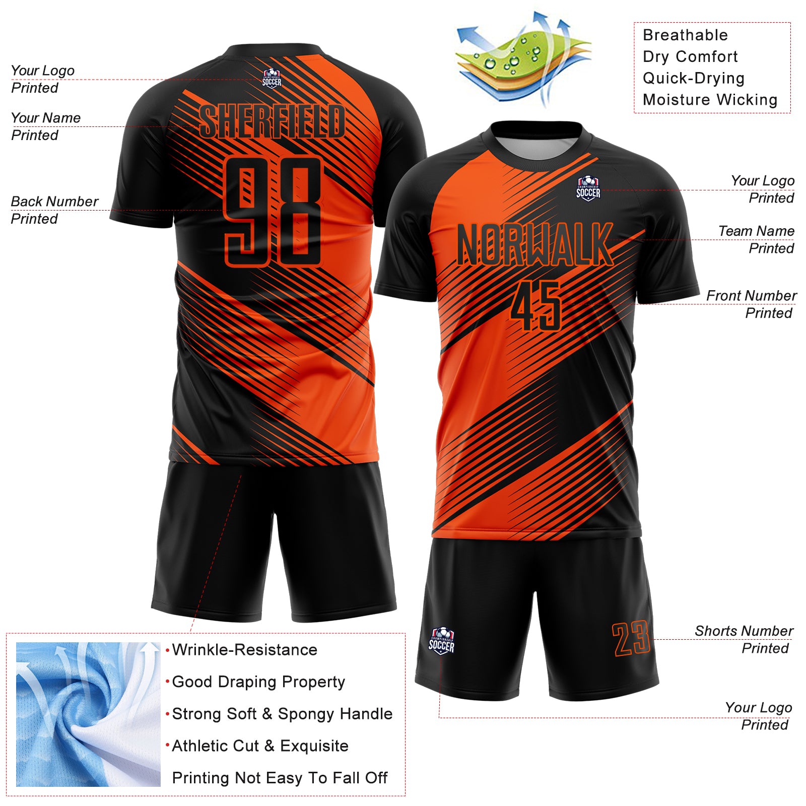 Custom Black Orange Line Sublimation Soccer Uniform Jersey