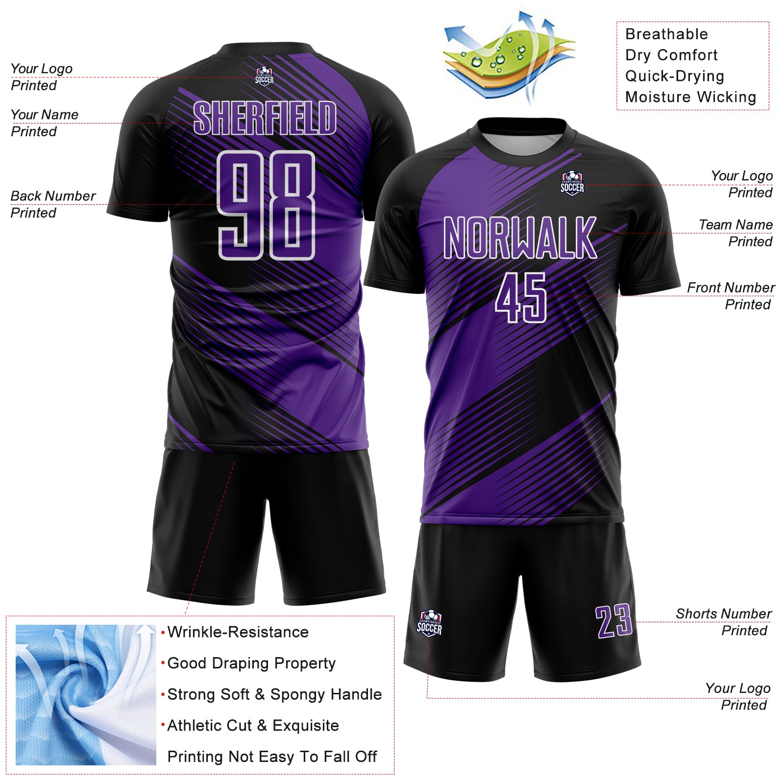 Custom Black Purple-White Line Sublimation Soccer Uniform Jersey
