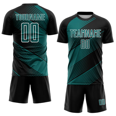Custom Black Teal-White Line Sublimation Soccer Uniform Jersey