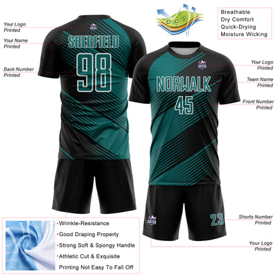 Custom Black Teal-White Line Sublimation Soccer Uniform Jersey