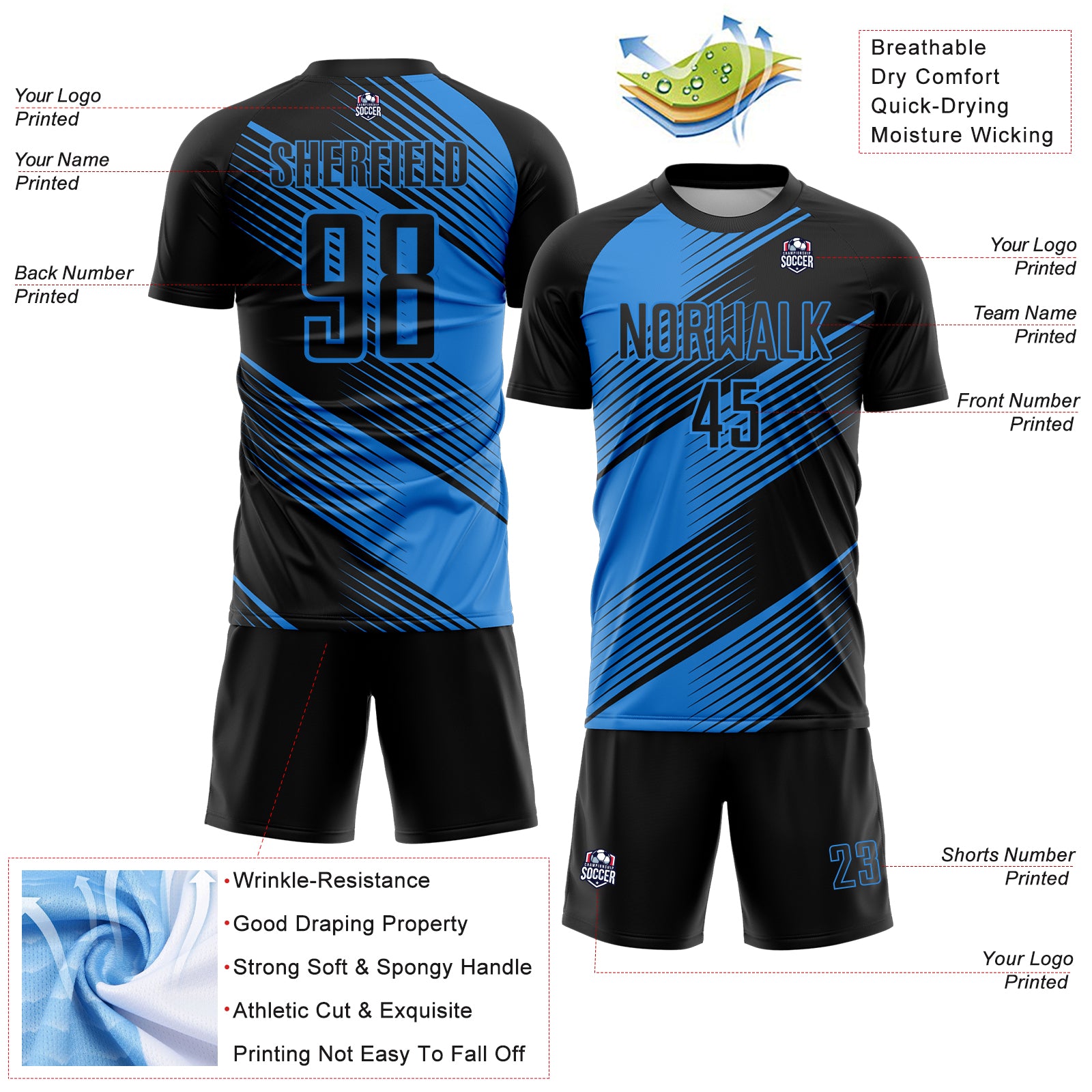 Custom Black Powder Blue Line Sublimation Soccer Uniform Jersey