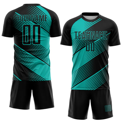 Custom Black Aqua Line Sublimation Soccer Uniform Jersey