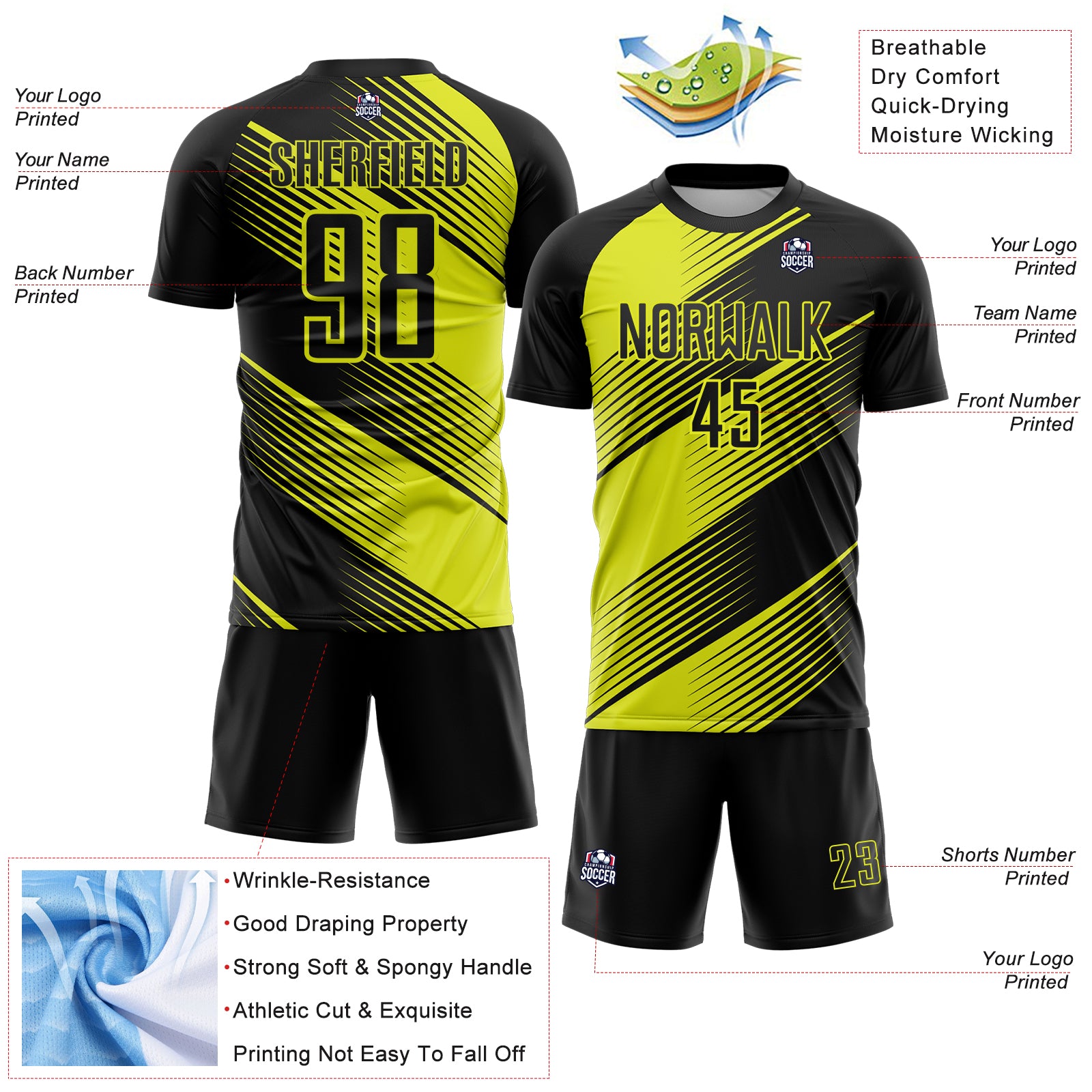 Custom Black Neon Yellow Line Sublimation Soccer Uniform Jersey