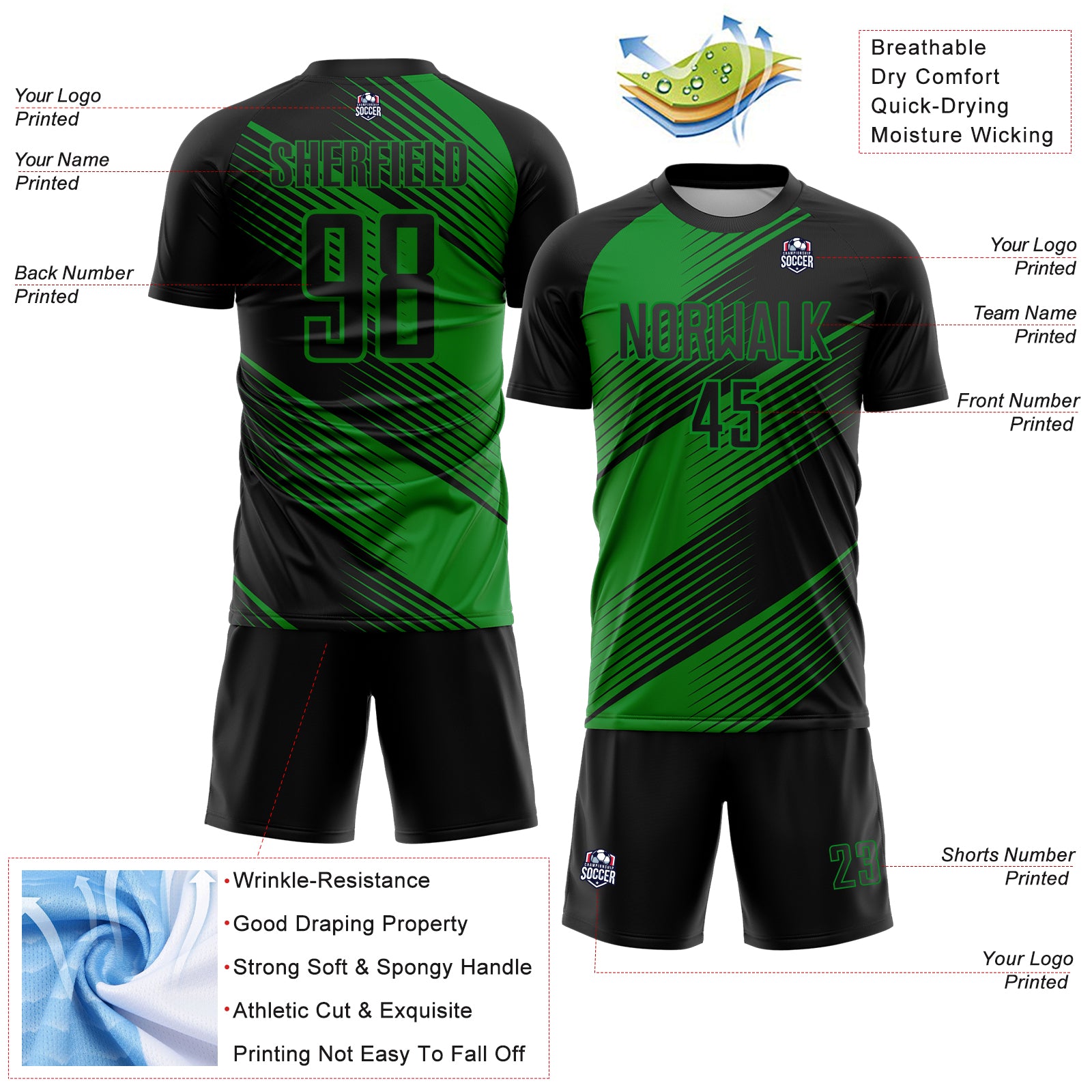 Custom Black Grass Green Line Sublimation Soccer Uniform Jersey