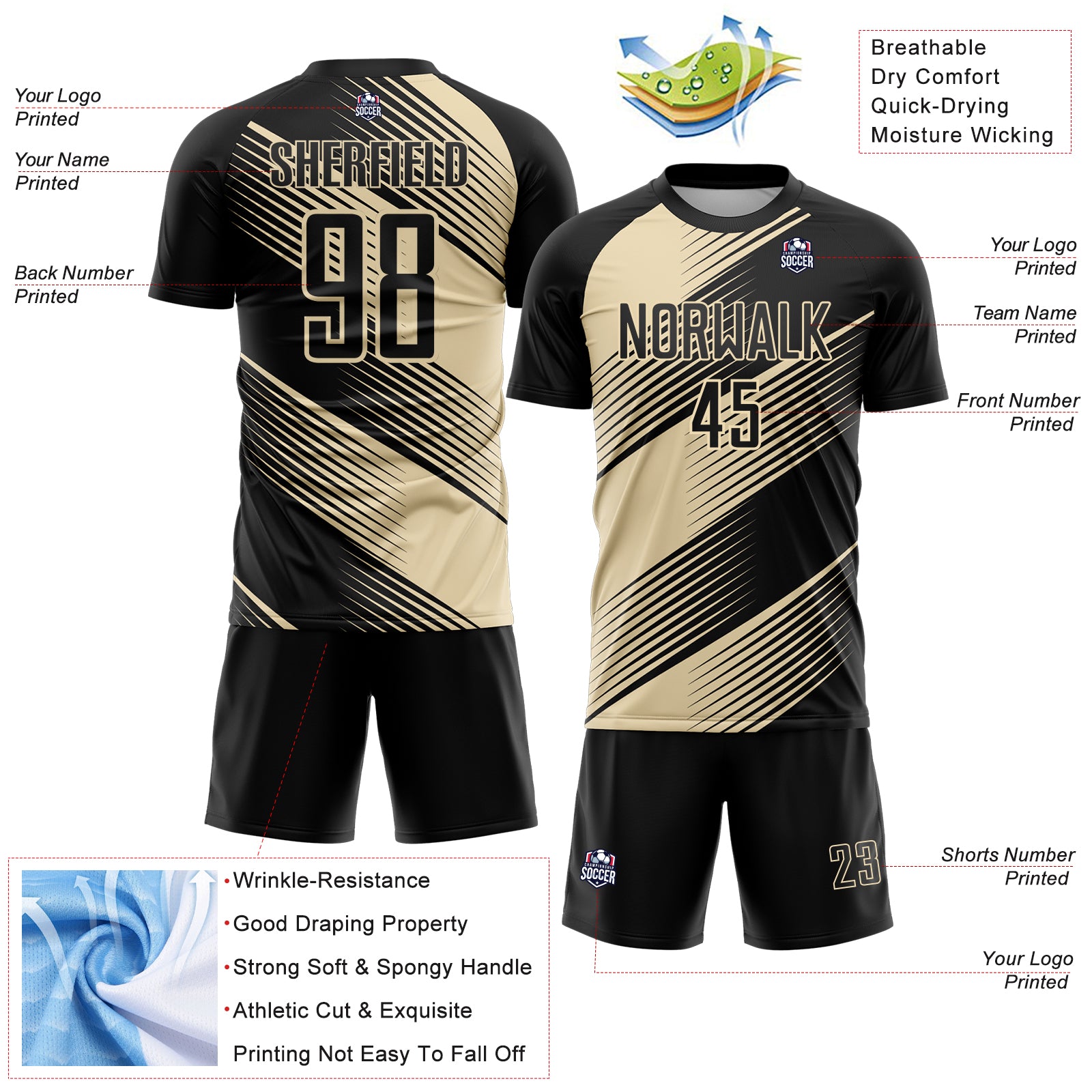 Custom Black Cream Line Sublimation Soccer Uniform Jersey