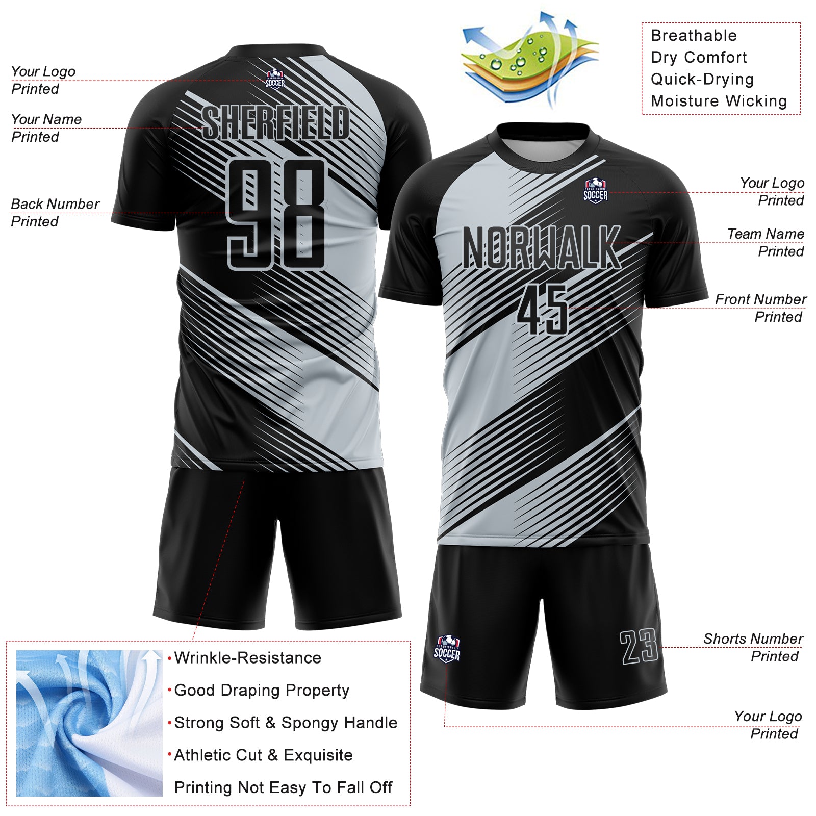 Custom Black Silver Line Sublimation Soccer Uniform Jersey