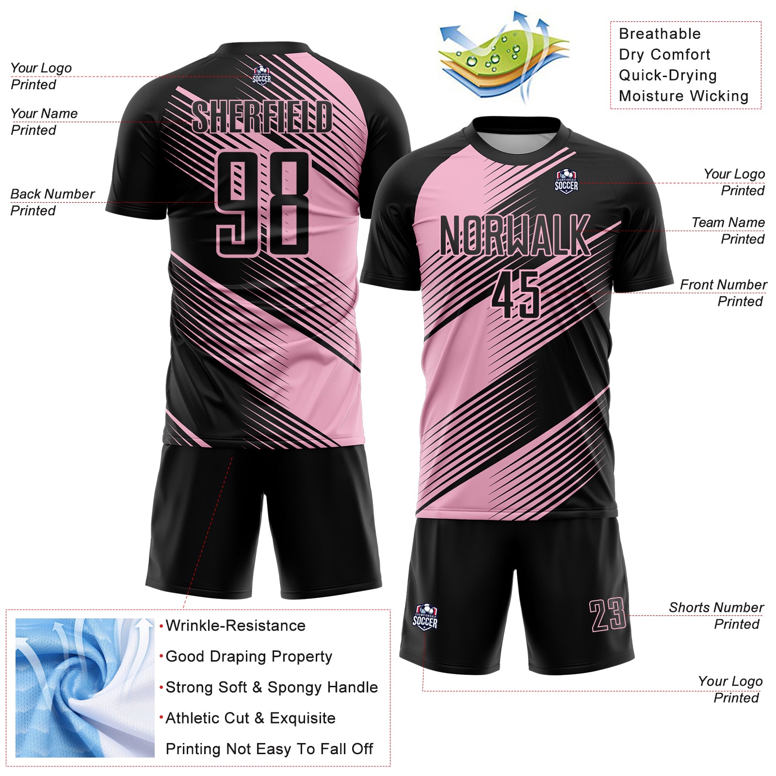 Custom Black Light Pink Line Sublimation Soccer Uniform Jersey