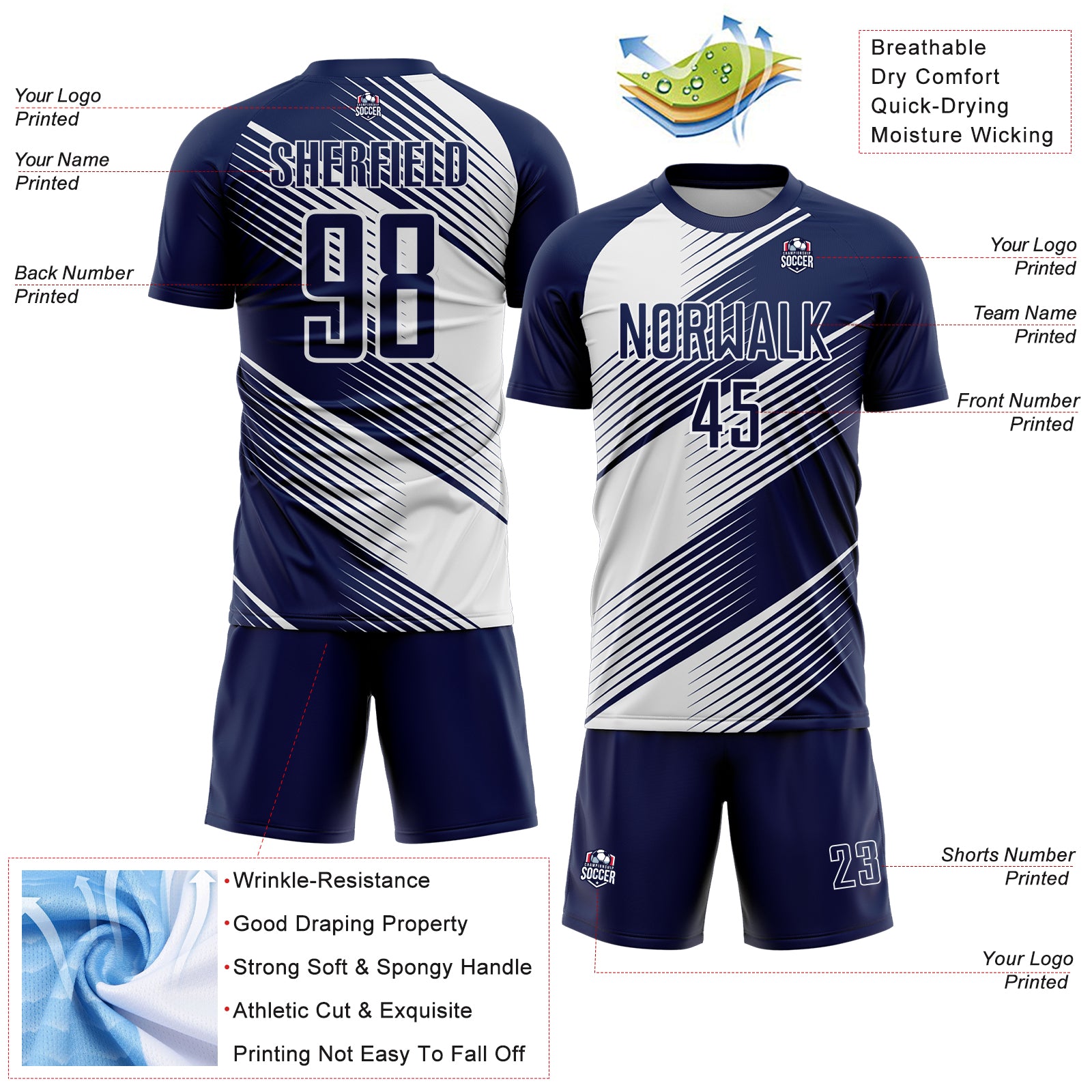 Custom Navy White Line Sublimation Soccer Uniform Jersey