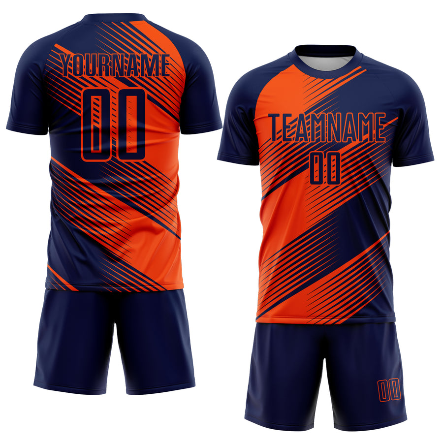 Custom Navy Orange Line Sublimation Soccer Uniform Jersey