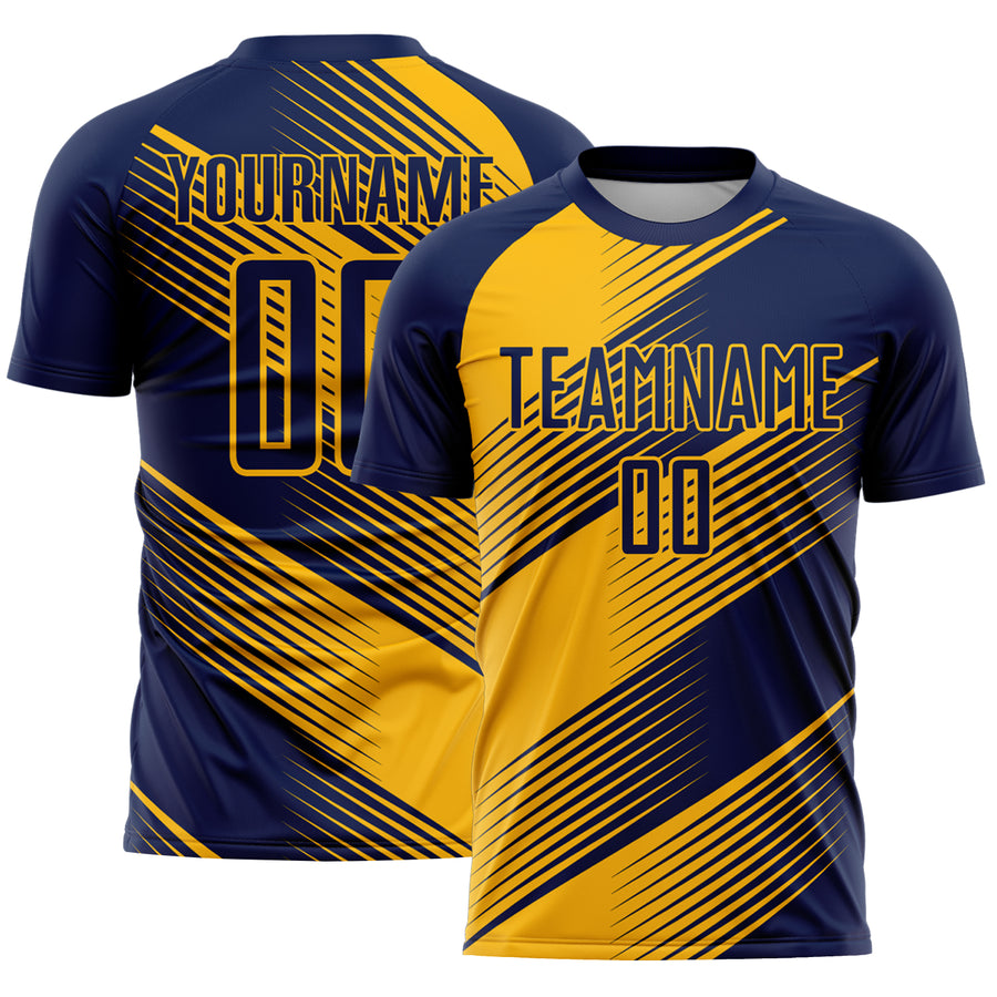 Custom Navy Gold Line Sublimation Soccer Uniform Jersey