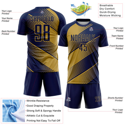 Custom Navy Old Gold Line Sublimation Soccer Uniform Jersey