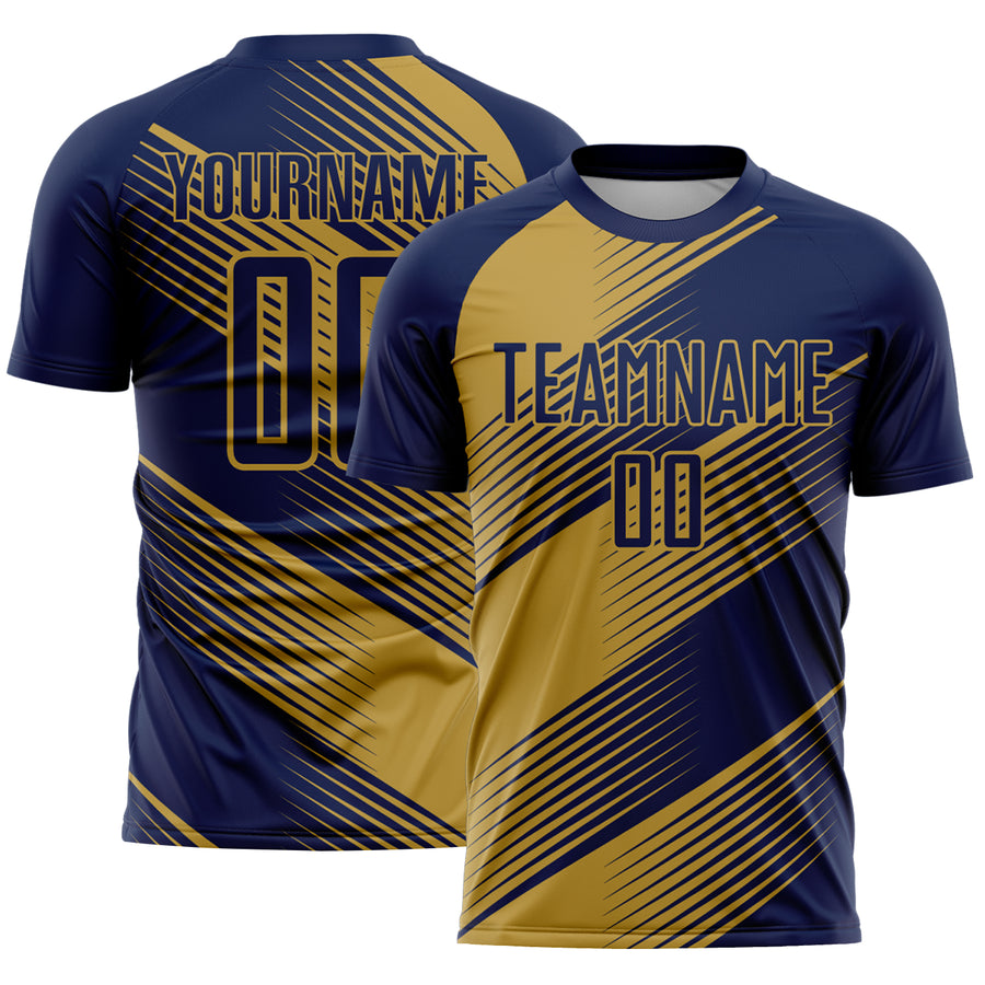 Custom Navy Old Gold Line Sublimation Soccer Uniform Jersey