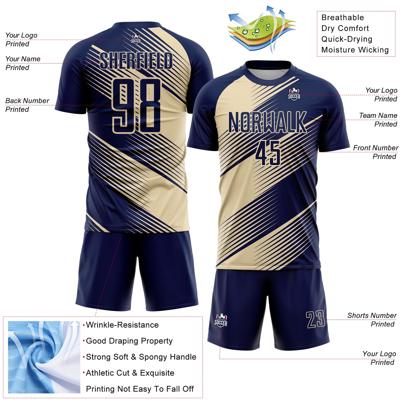 Custom Navy Cream Line Sublimation Soccer Uniform Jersey