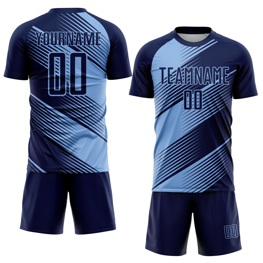 Custom Navy Light Blue Line Sublimation Soccer Uniform Jersey