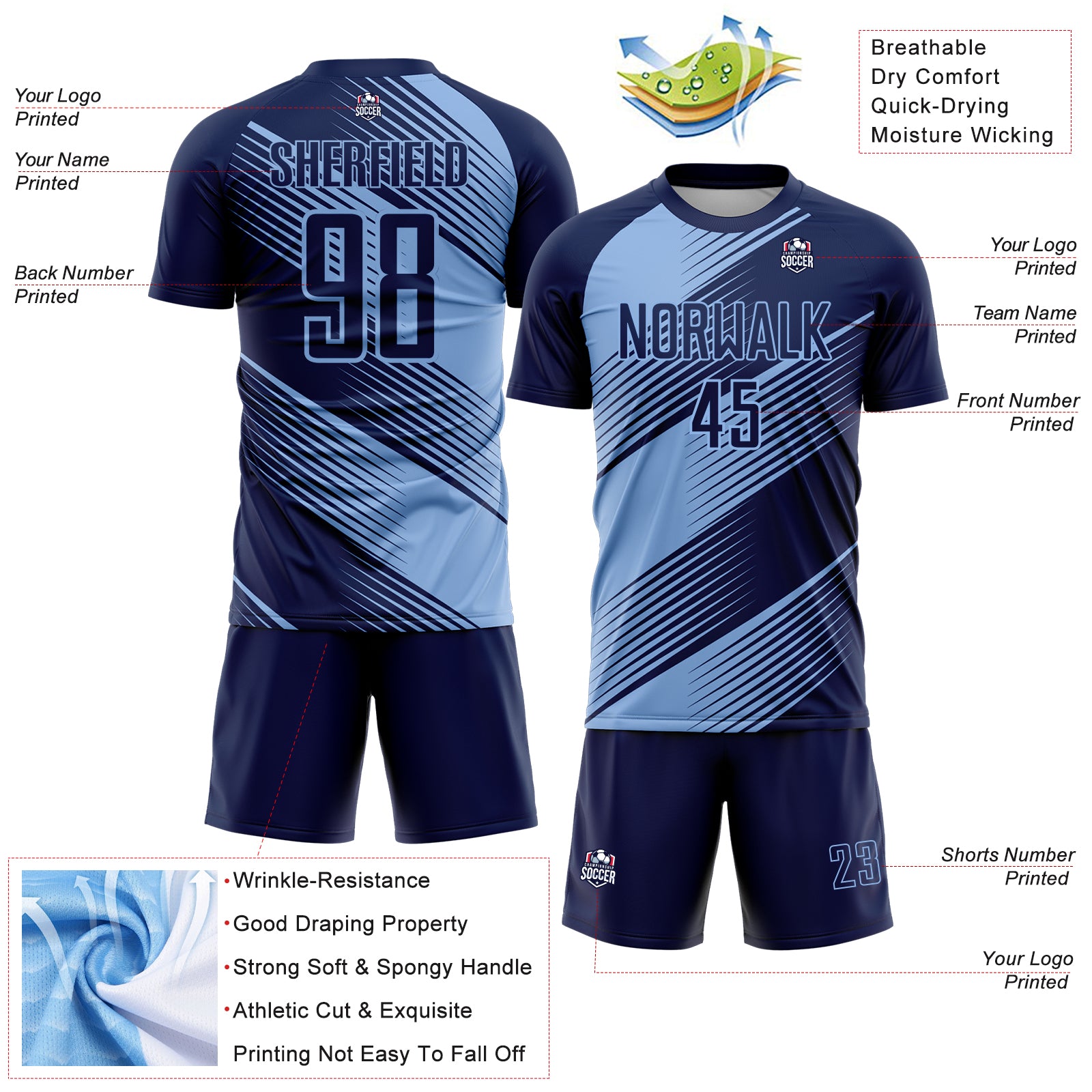 Custom Navy Light Blue Line Sublimation Soccer Uniform Jersey