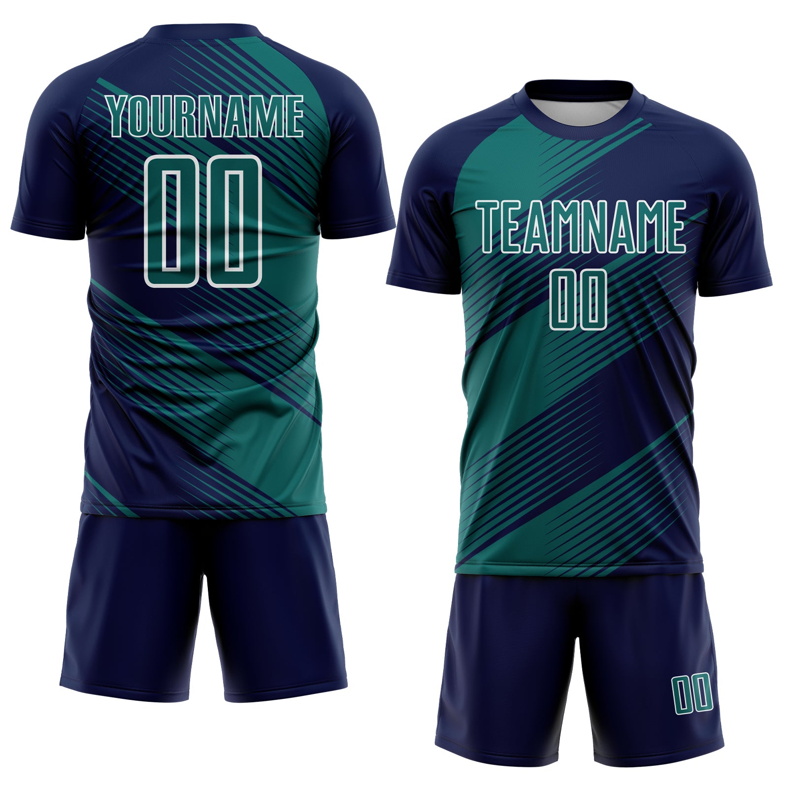 Custom Navy Teal-White Line Sublimation Soccer Uniform Jersey