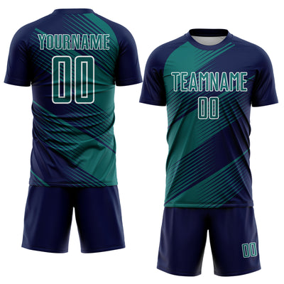 Custom Navy Teal-White Line Sublimation Soccer Uniform Jersey
