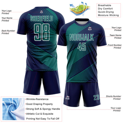 Custom Navy Teal-White Line Sublimation Soccer Uniform Jersey