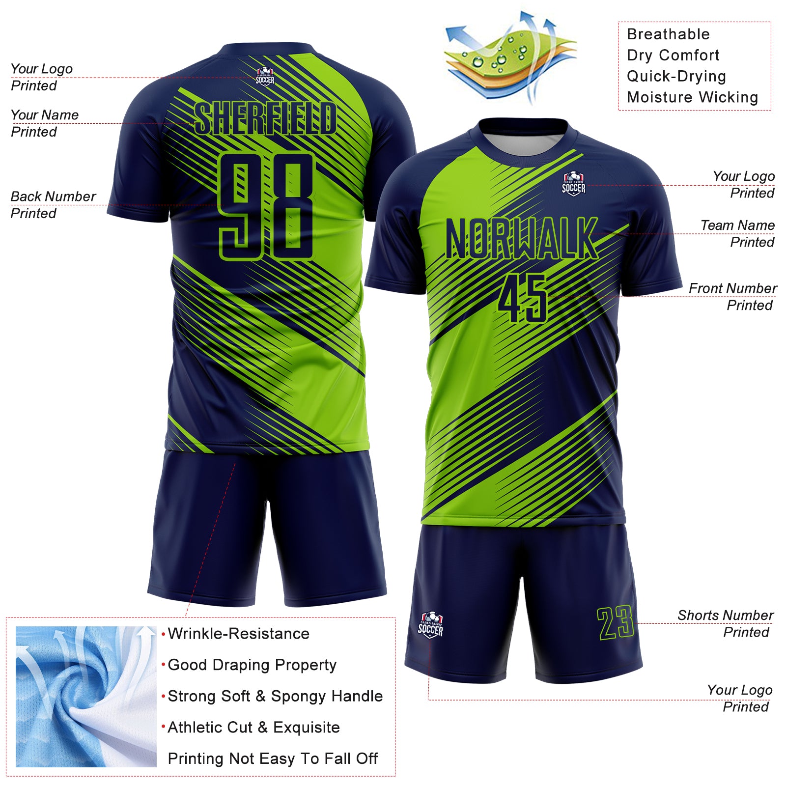 Custom Navy Neon Green Line Sublimation Soccer Uniform Jersey