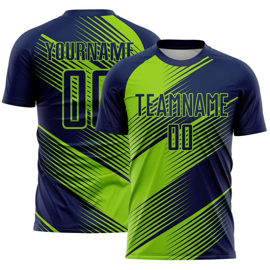 Custom Navy Neon Green Line Sublimation Soccer Uniform Jersey