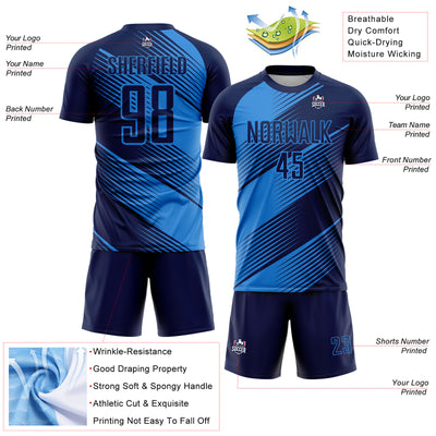 Custom Navy Powder Blue Line Sublimation Soccer Uniform Jersey