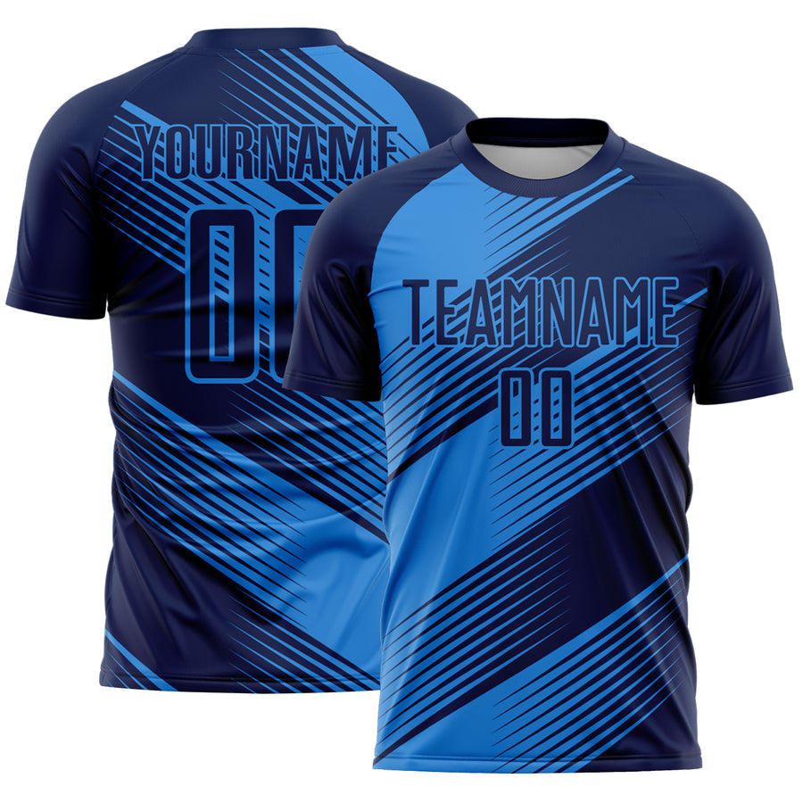Custom Navy Powder Blue Line Sublimation Soccer Uniform Jersey