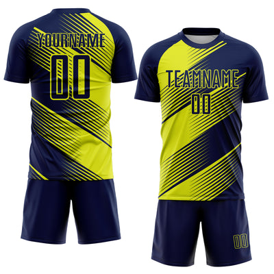 Custom Navy Neon Yellow Line Sublimation Soccer Uniform Jersey