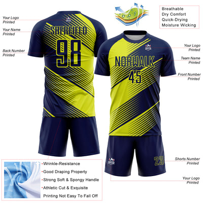 Custom Navy Neon Yellow Line Sublimation Soccer Uniform Jersey