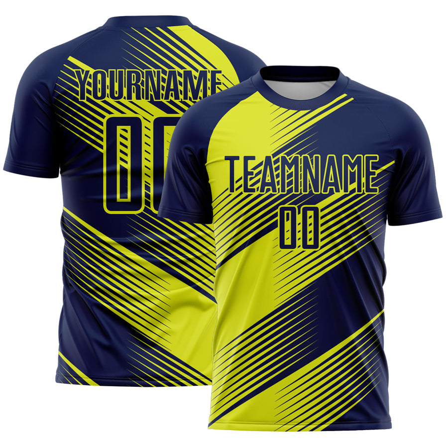 Custom Navy Neon Yellow Line Sublimation Soccer Uniform Jersey