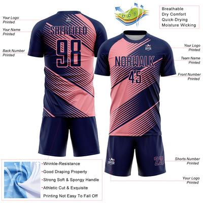 Custom Navy Medium Pink Line Sublimation Soccer Uniform Jersey