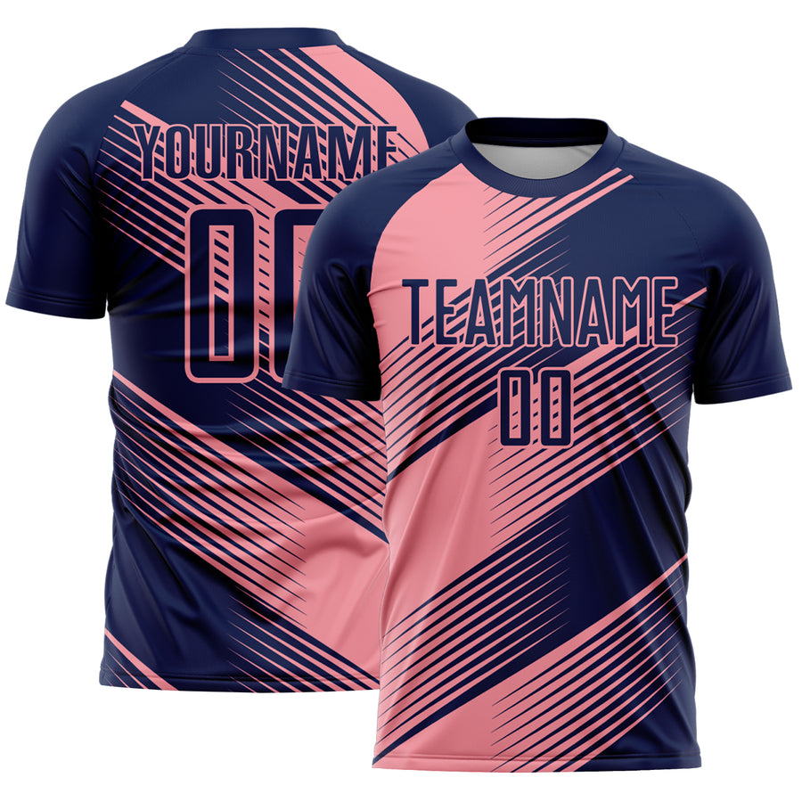 Custom Navy Medium Pink Line Sublimation Soccer Uniform Jersey