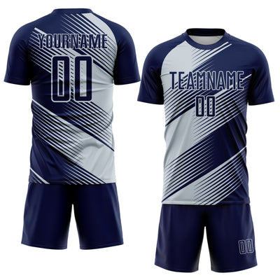 Custom Navy Silver Line Sublimation Soccer Uniform Jersey