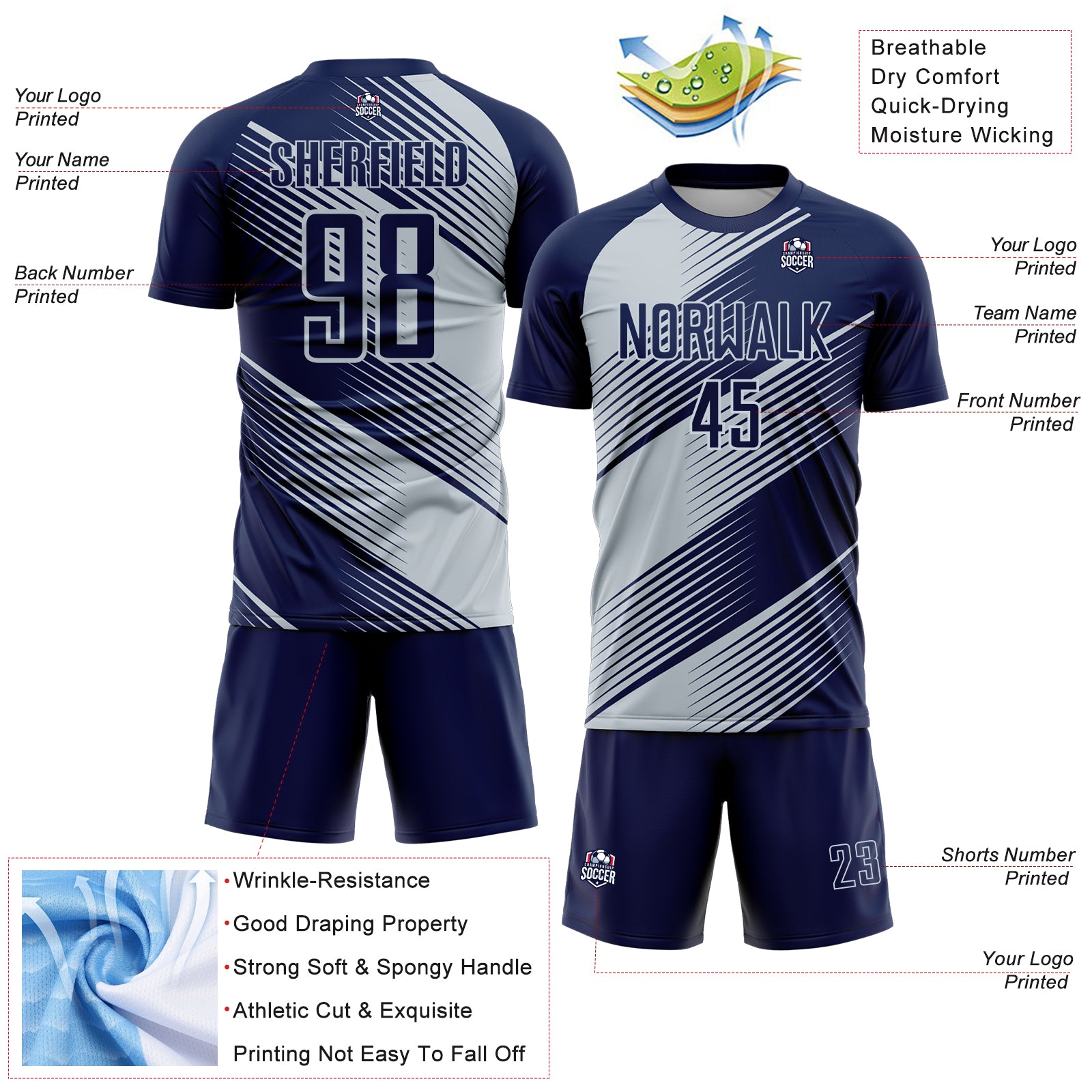 Custom Navy Silver Line Sublimation Soccer Uniform Jersey