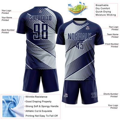 Custom Navy Silver Line Sublimation Soccer Uniform Jersey